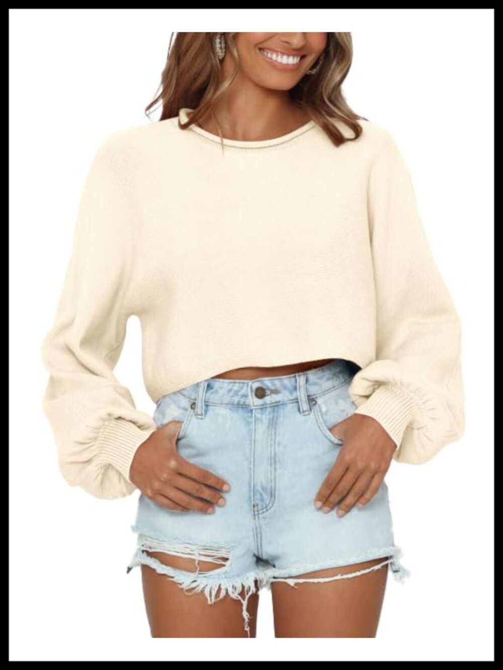 Cropped Sweater Lantern Long Sleeve Loose Crewneck Pullover Y2K